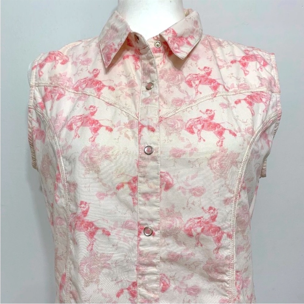 Wrangler Y2K Snap Front Sleeveless Cotton Vest Pink Cowboys Rodeo Horses M